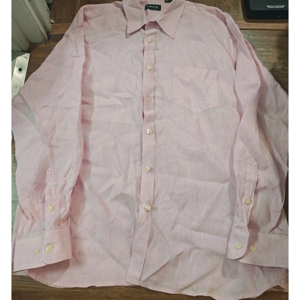 Orvis 100% Linen Button Down Shirt Pink Mens XXL Long Sleeve Office Business